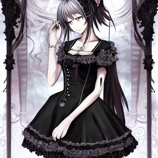 Prompt: beautiful illustration of anime maid, stunning and rich detail, pretty face and eyes. Gothic style, clear and perfect anatomy. Full-body shot from the side, Pixiv popular