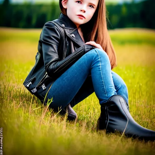 Image similar to young girl sits on a meadow, she wears leather jacket, jeans and black boots, sharp focus, photo taken by nikon, 4 k,