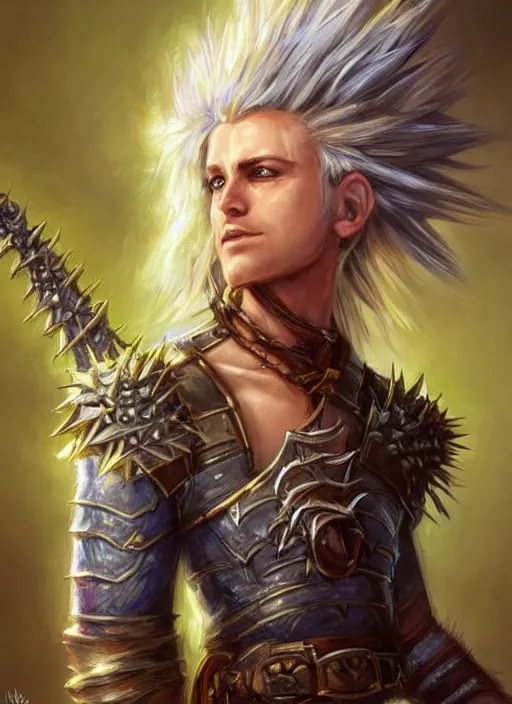 Image similar to human spiky hair, ultra detailed fantasy, dndbeyond, bright, colourful, realistic, dnd character portrait, full body, pathfinder, pinterest, art by ralph horsley, dnd, rpg, lotr game design fanart by concept art, behance hd, artstation, deviantart, hdr render in unreal engine 5