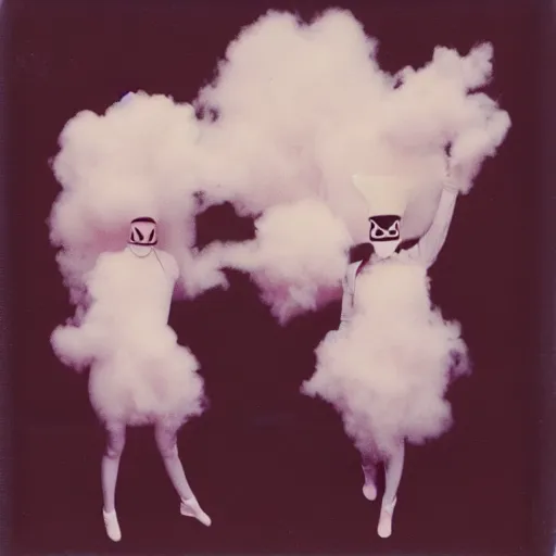 Prompt: polaroid of dancers that are made from cotton candy, smoke and clouds, wearing giant paper masks, mix