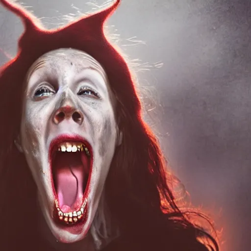 Prompt: A realistic photo of a creepy witch, huge red lightning coming out of her mouth, blood, dead skin, detailed body