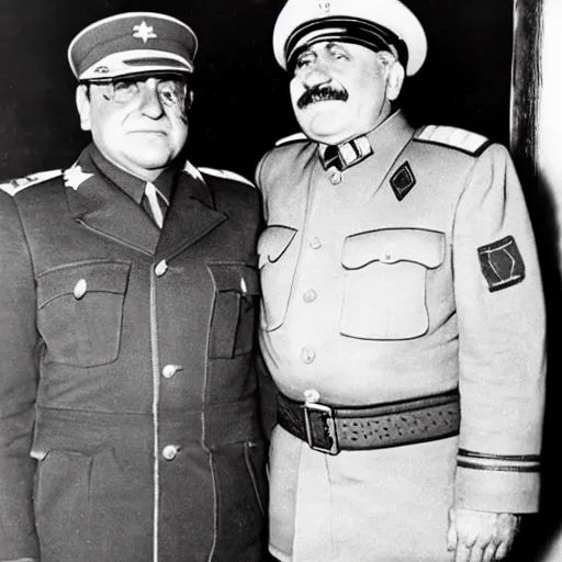 Prompt: 1942 photograph of Danny DeVito in a Soviet officer's uniform standing next to Joseph Stalin