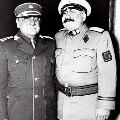 Image similar to 1942 photograph of Danny DeVito in a Soviet officer's uniform standing next to Joseph Stalin