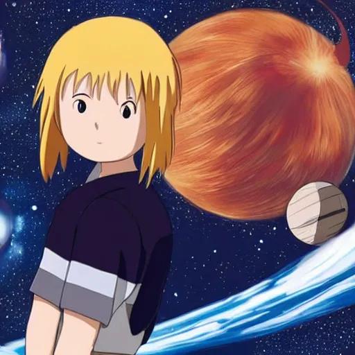 Prompt: Spirited away, guy with dark blonde hair and blue eyes in space, profile picture