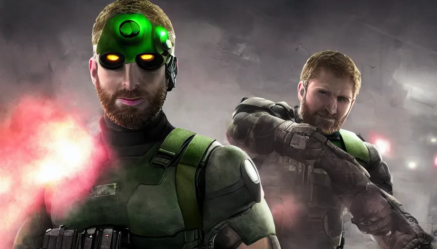 Image similar to chris evans is sam fisher from splinter cell with explosion behind him, matte painting, hyperdetailed, artstation, cgsociety, 8 k