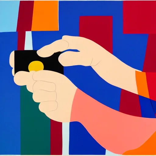 Image similar to A painting of a hand holding a telephone, abstract painting in the style of Sophie Taeuber-Arp and Gary Hume and Tatsuro Kiuchi, flat colour-block style, geometric abstraction, dark earthy colours