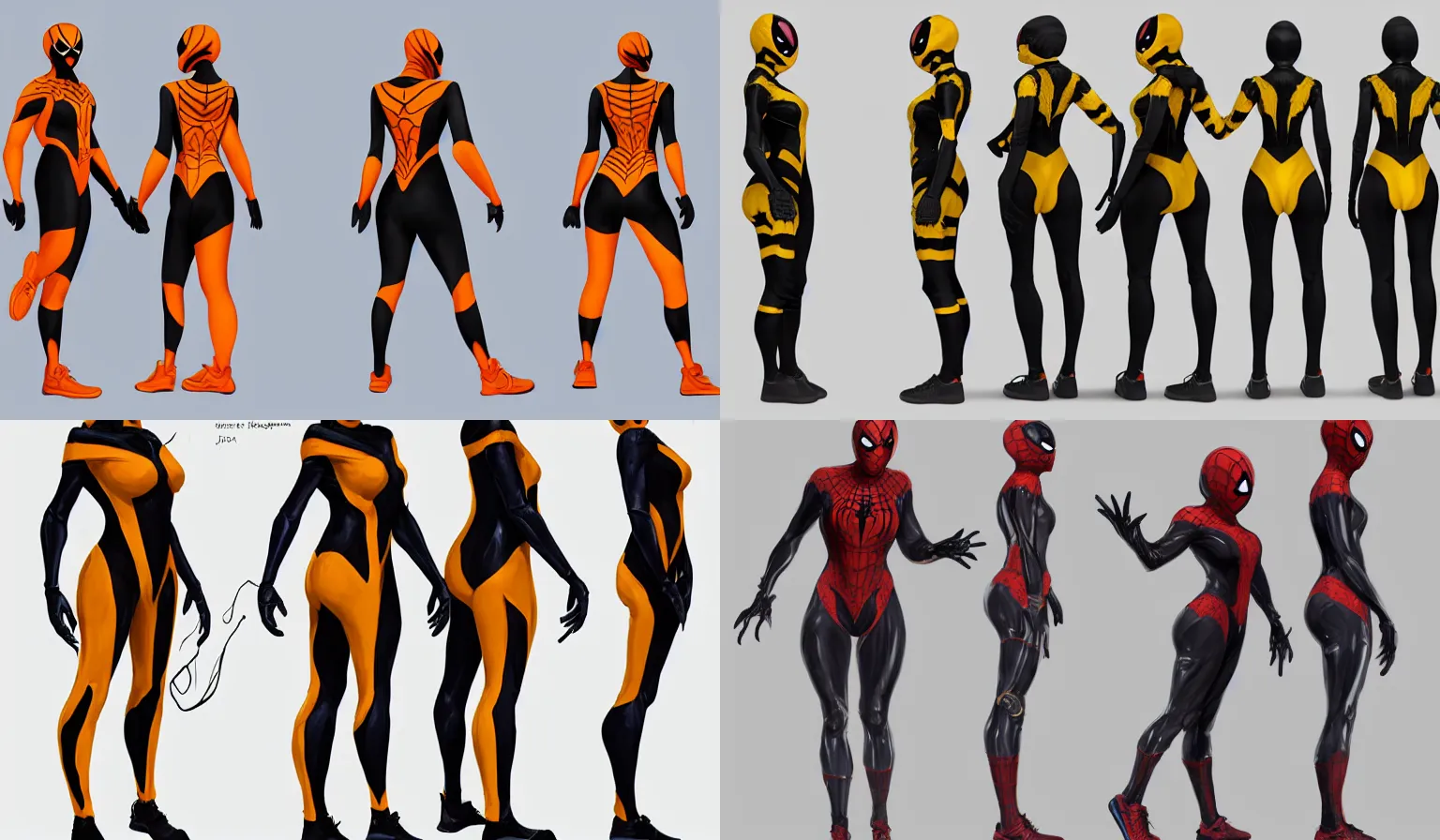 Prompt: full body character turnaround of a woman in an orb weaver inspired outfit and mask, character sheet, spiderwoman!!!!!, john singer sargent, good value control, highly detailed portrait, digital painting, concept art, running shoes, sharp focus, illustration, 8 k, black undersuit, black main color with yellow secondary color, realistically proportioned body