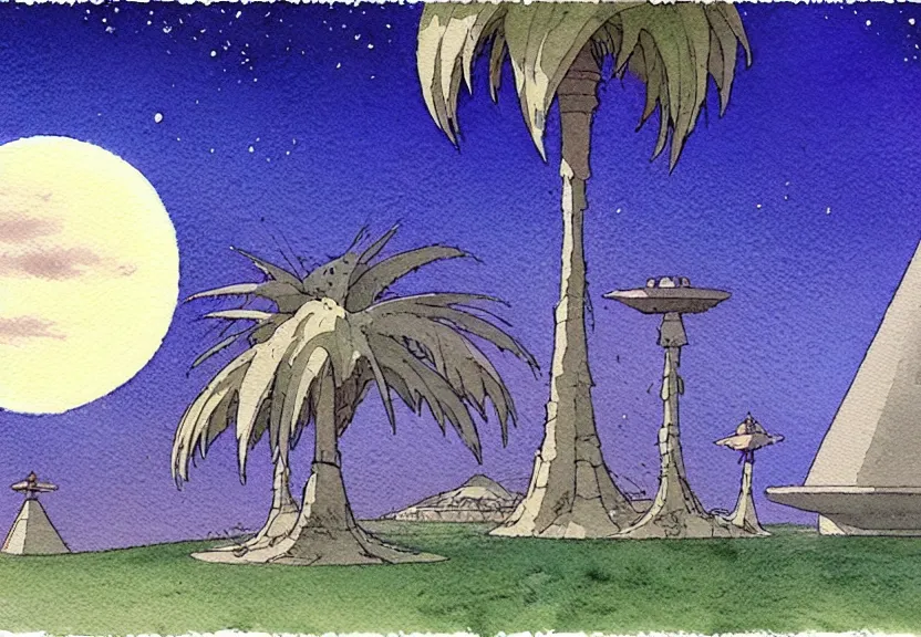 Image similar to a simple watercolor fantasy concept art of a dark grey boxy ufo next to a palm tree at night with white pyramids in the background. by studio ghibli, rebecca guay, michael kaluta, charles vess