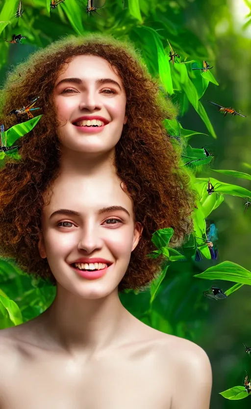 Prompt: 8 k uhd poser render of the face of a young woman with marble complexion, angelic features, her face framed with curls, her head raised in rapture, laughing, portrait photography, symmetrical eyes, by john singer sargent, background lush vegetation, insects and birds, dof narrow, 1 0 5 mm lens