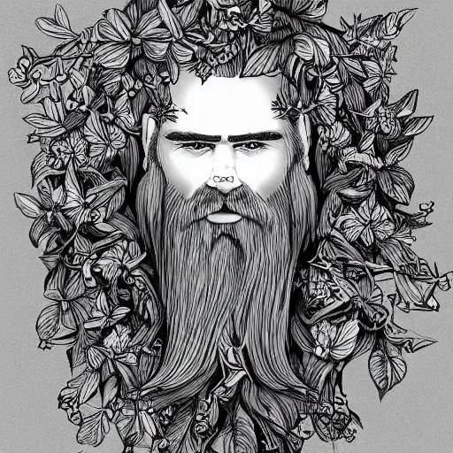 Image similar to huge male druid gray face pointy ears long beard with vines as hair hibiscus flowers detailed drawing