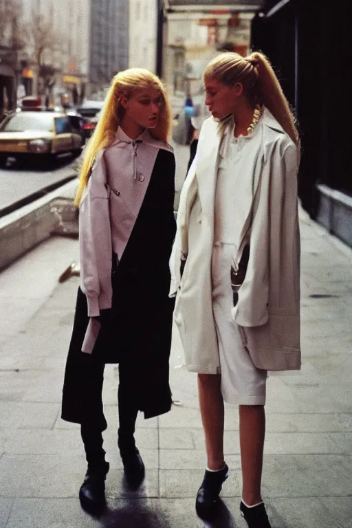 Image similar to high quality realistic street photo of girl, stylish hairstyles, clothes in the style of 1 9 9 0, fashion style clothes from maison margiela and off - white ; kodak ektar, 2 0 0 iso, 3 5 mm lens, bill henson style beautiful chiaroscuro lighting, beautiful colour palette, beautiful and realistic, wide shot