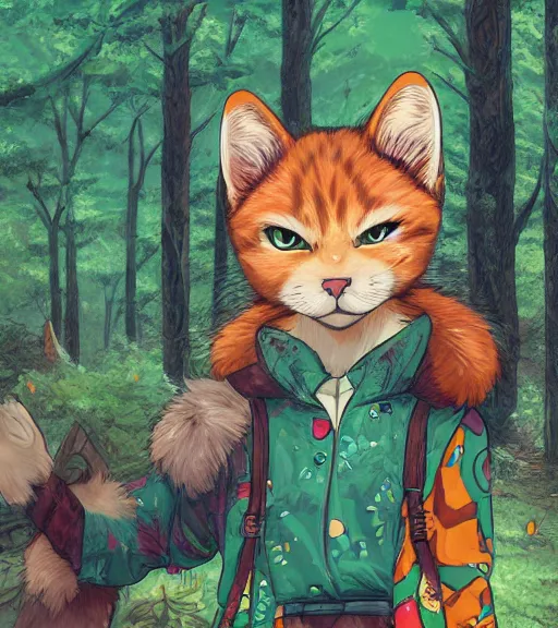 Prompt: close up character portrait icon of the anthro anthropomorphic cat head animal person fursona wearing clothes standing in the bright forest, hidari, color page, tankoban, 4 k, tone mapping, akihiko yoshida