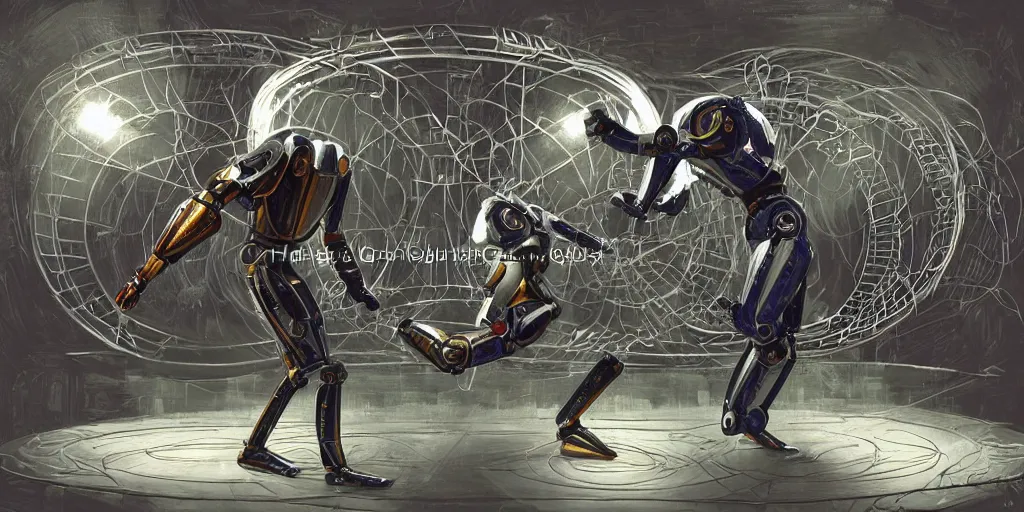 Prompt: digital painting of a humanoid robot doing mixed martial arts inside a fenced octagon ring in space, by michael whelan and h. r. giger, highly detailed, steampunk, mix of styles, intricate, ghost in the shell color scheme, mma, boxing, kickboxing, masterpiece, golden ratio