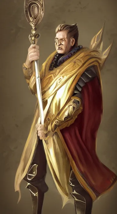 Prompt: Full body portrait of the great inquisitor of the Sect of the Holy Spoon, holding his ceremonial giant spoon. Award-winning digital art, trending on ArtStation