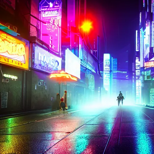 Prompt: cyberpunk street in the night, neon lights in the background, foggy, 8k, high detail