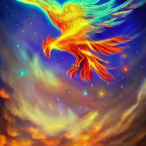 Image similar to beautiful phoenix rising from cloud of luminescent sparkling particles colorful detailed magical realism