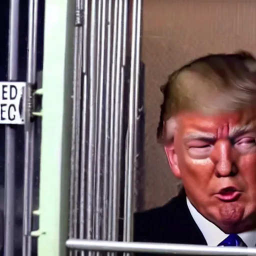 Image similar to Trump crying like a baby behind jail cell bars.