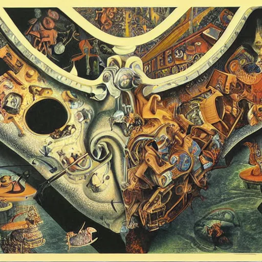 Prompt: a highly detailed intricate painting by Jackson Pollack and Bosch and Dali and MC Escher