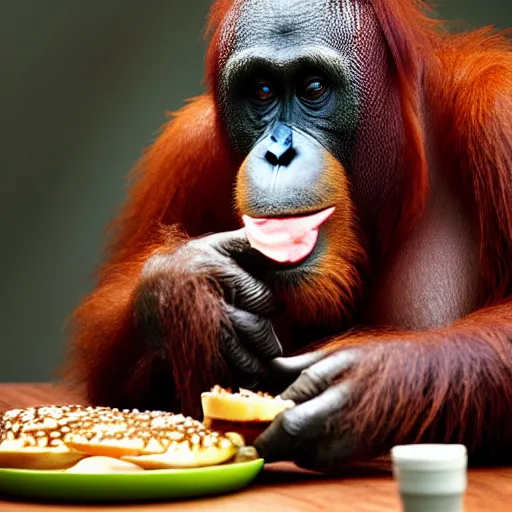 Prompt: an orangutan sitting at a desk, eating a burger, photorealism, 4 k, 8 k, shot by jimmy nelson, intricate