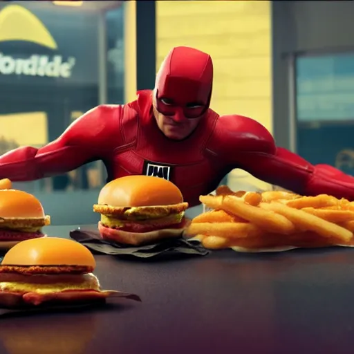 Prompt: daredevil eating in mcdonalds, octane