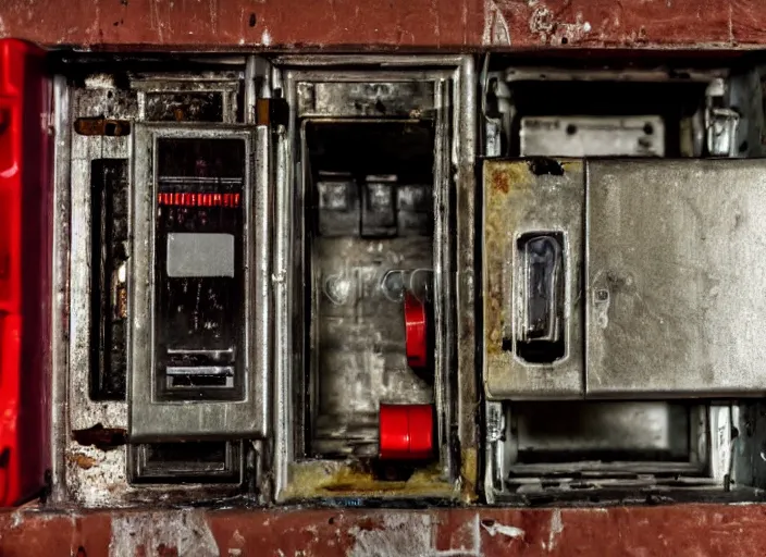 Prompt: scarry ape inside fuse box in post communist apartment building