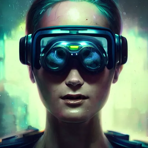 Image similar to a expressive portrait photograph of cyberpunk woman with nightvision goggles in dramatic lighting, depth of field background, artstation, concept art by jim burns and greg rutkowski, a realism masterpiece, james gilleard, bruegel, alphonse mucha, and yoshitaka amano