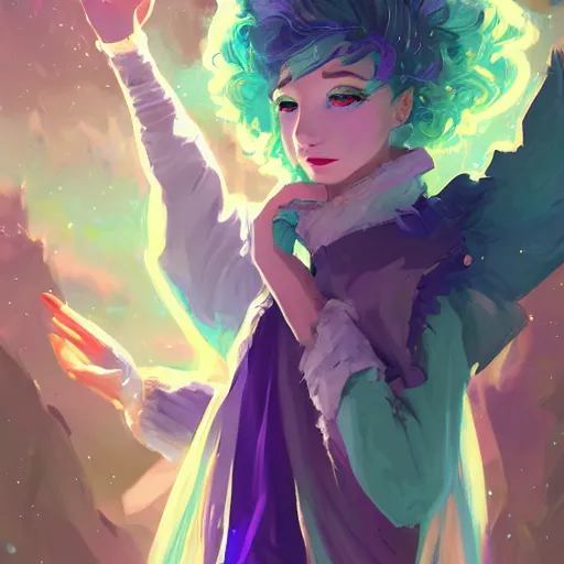 Image similar to a nonbinary changeling wearing a starry cloak, purple vest, white sleeves, aurora colored hair, starry eyes, curious expression, watching people on the street, character art, full body art, Dungeons and Dragons, D&D, trending on artstation, artgerm, 4k ultra hd, sharp focus, digital art by Ilya Kuvshinov and Ross Tran,