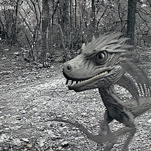 Image similar to a scary velociraptor caught on trailcam nightvision footage camera