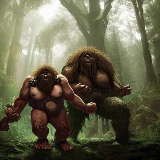 Image similar to giant dungeons and dragons ettin giant with two heads, ettin from dungeons and dragons, dnd in a dark forest, digital art, high quality render, artstation, 8 k, photograph quality, ultrahd