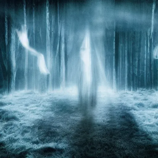 Prompt: paths of voices flying to the sky, magical. ancient. mist. ghostly. magic particles. cinematic