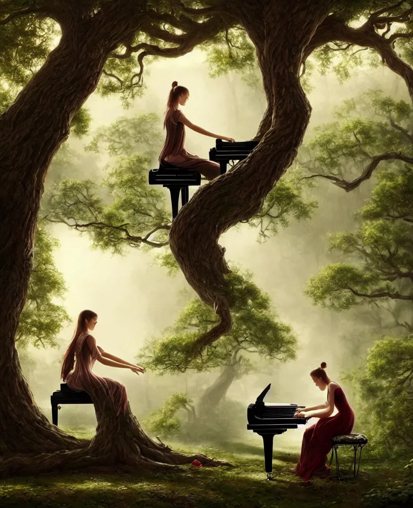 Image similar to woman playing a piano sitting on a giant tree, very detailed, 8k, maximized, ornate, masterpiece, complex, by Greg rutkowski, Alex Gray, surrounded by smoke