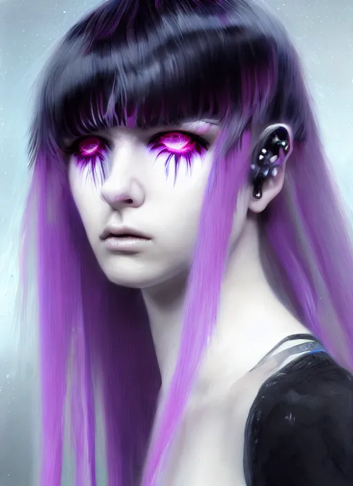 Image similar to hair whitebangs hair, black cyberlox, portrait of normal teenage girl, white bangs, messy bangs, fluffy bangs, cyberlox, whitebangs, red irises, purple background, intricate, elegant, highly detailed, digital painting, artstation, concept art, sharp focus, smooth, illustration, art by wlop, mars ravelo and greg rutkowski