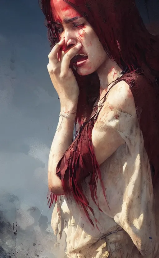 Image similar to The most beautiful arabian girl in the world crying blood ,digital art,ultra realistic,ultra detailed, ultra wide Lens, art by greg rutkowski