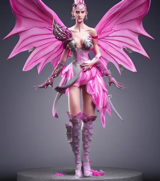 Prompt: accurate detailed standing figurine dragon girl with pink scales, wearing a pink dress, giant wings, figurine!!!, studio lighting, grey background, no shadow, trending on artstation, 4 k, sharp, highly - detailed, focus on face!!!