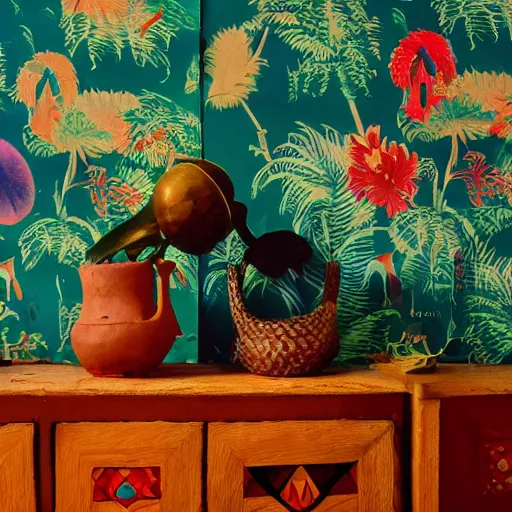 Image similar to An offset photography of a composition of five object on display, colors, (anthropology of wonder), ((((exotic artifacts)))), bauhause, tropicalism, (colonial expedition), three colors, exhibition print, 60s style