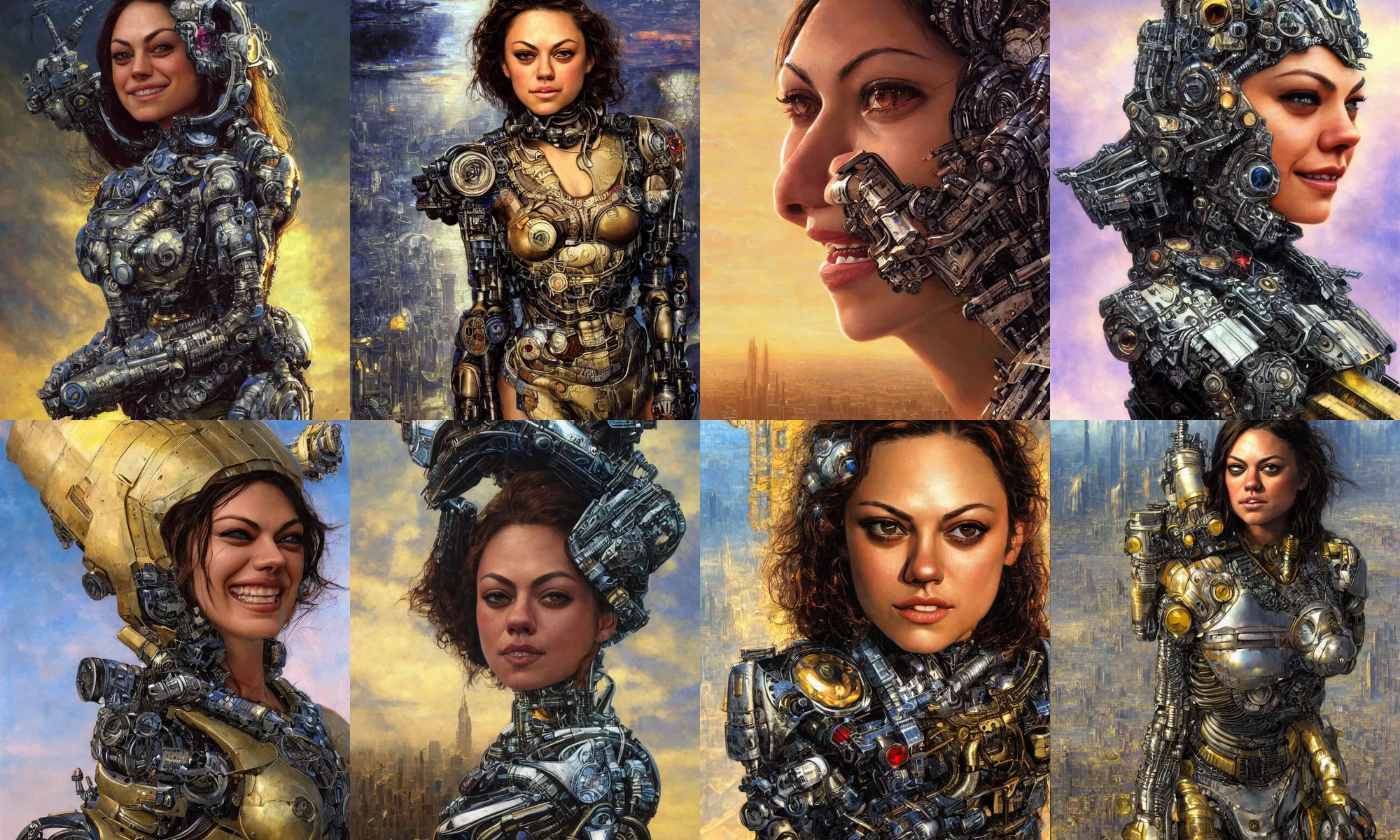 Image similar to close - up portrait of epic young mila kunis smiling into camera, intricate cyborg armor, vista of futuristic city, windy, golden hour, wlop, by gerald brom, by mikhail vrubel, by peter elson, muted colors, extreme detail, trending on artstation