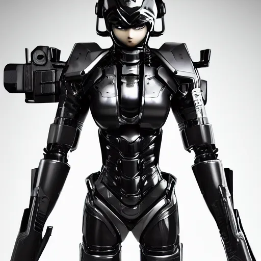 Image similar to a portrait of a manga character in a futuristic room, black and shiny cyber armor, handling a gun, highly detailed, render, vray, octane, realistic lighting, by nihei tsutomu