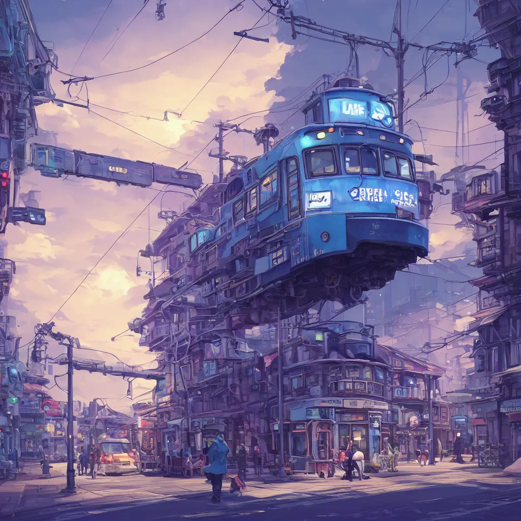 Prompt: a blue purple streetcar is running on the maple leaf sea, unreal engine, fantasy art by greg, loish, rhads, ferdinand knab, makoto shinkai and lois van baarle, ilya kuvshinov, rossdraws, tom bagshaw, night lighting, trending onstudio ghibli, highly detailed, octane render, 8 k