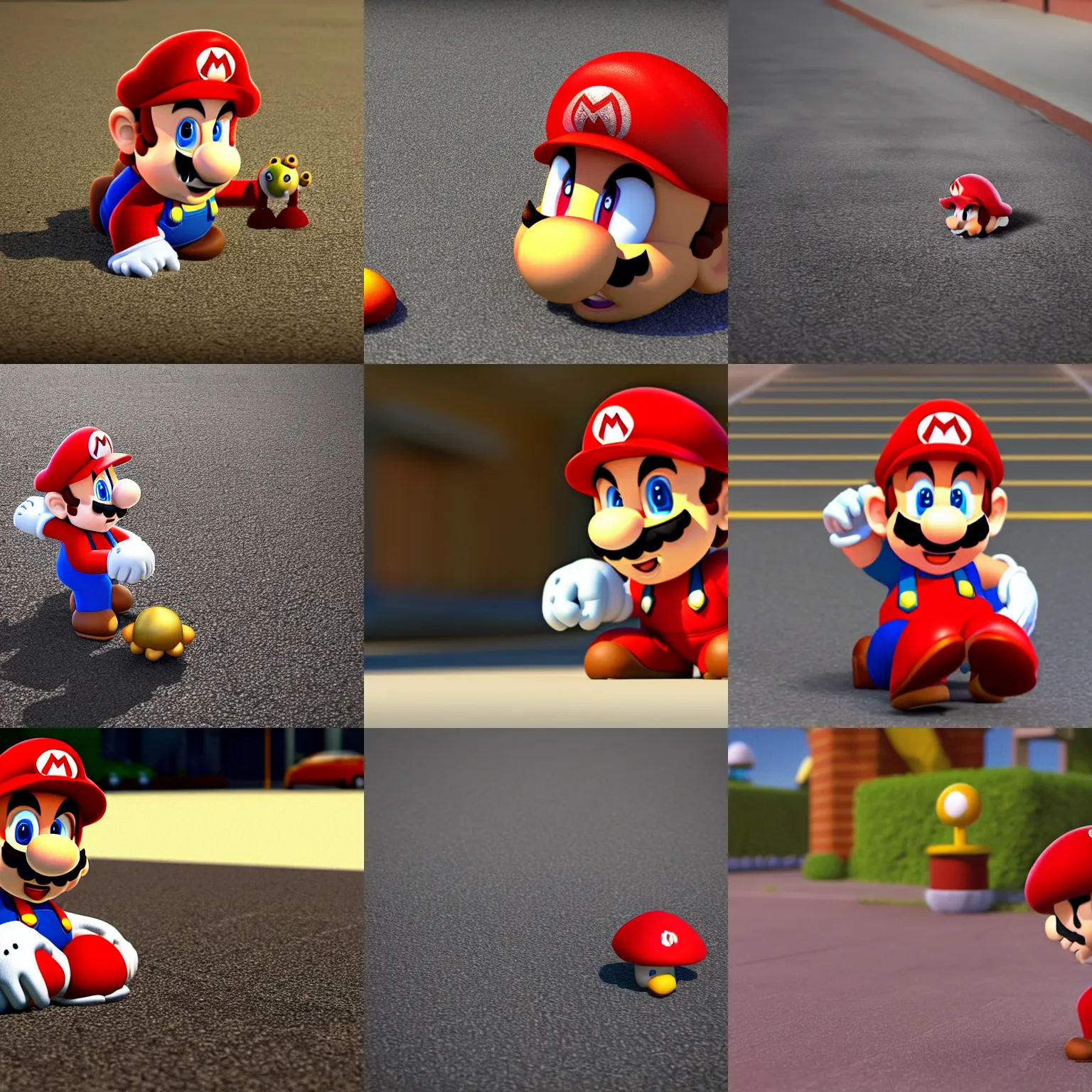 Prompt: super mario eating a mushroom on the floor of a dimly lit empty parking lot, 3d blender octane render, unreal engine, unsettling