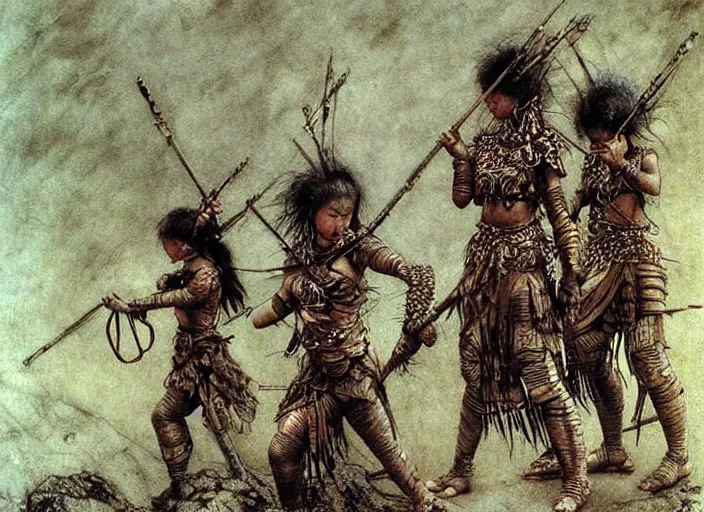 Prompt: young muscular mongol female warriors in tribal painting by Beksinski, Luis Royo, Arthur Rackham