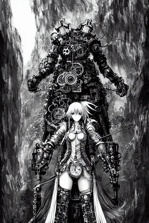 Image similar to a vertical portrait of a character in a scenic environment by Yoshitaka Amano and Nihei Tsutomu, black and white, dreamy, steampunk armor, highly detailed