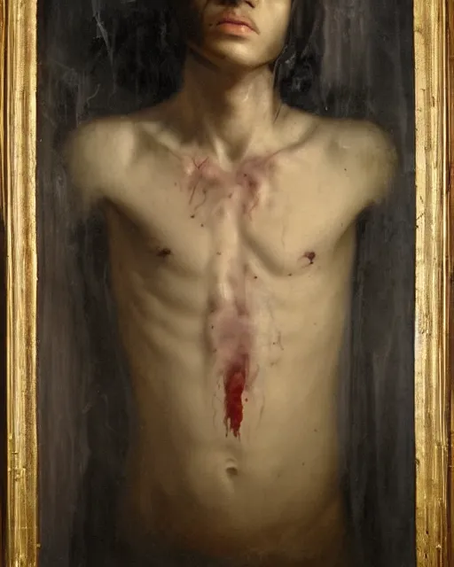 Prompt: a beautiful and eerie baroque painting of a beautiful but creepy young man in layers of fear, with haunted eyes and dark hair, 1 9 7 0 s, seventies, wallpaper, a little blood, morning light showing injuries, delicate embellishments, painterly, offset printing technique, by brom, robert henri, walter popp