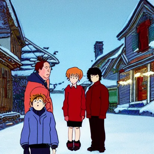 Image similar to still from home alone (1990) in studio ghibli style