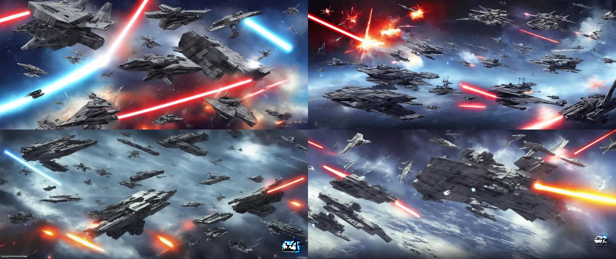 Prompt: star wars, battlefield, outer space, warships, severe fighting, digital art, anime style, cgi