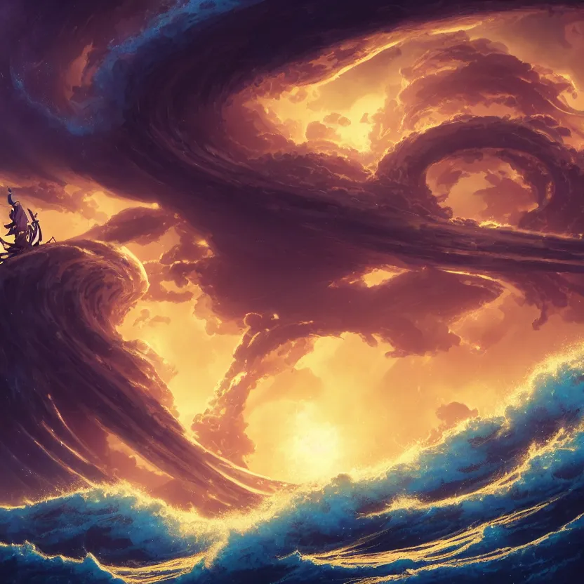 Image similar to treasure planet, kraken in stormy sea with huge waves, clouds, stars, rings, beautiful lighting, vivid colors, intricate, elegant, smooth, highly detailed digital painting, concept art, cinematic, unreal engine, wallpaper, by syd mead, terada katsuya, atey ghailan, svetlin velinov, makoto shinkai art style