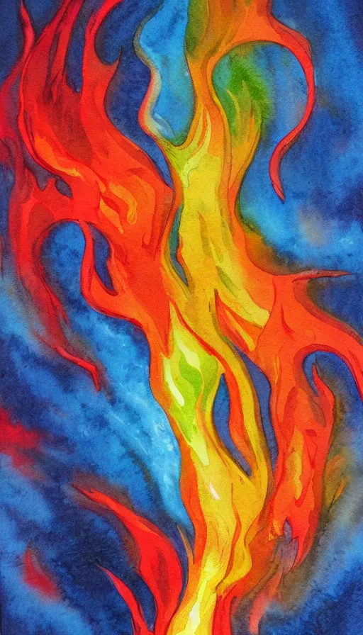 Image similar to water color painting of fire and water mixing together, conveying a sense of balance inspired by the Temperance tarot card