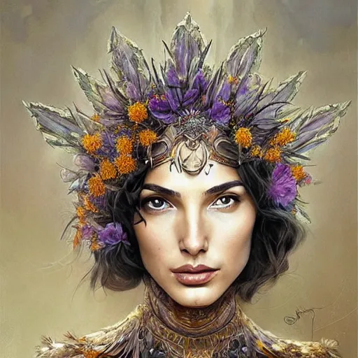 Prompt: fine art photo of the beauty goddess gal gadot, she has a crown of dried flowers, by peter mohrbacher