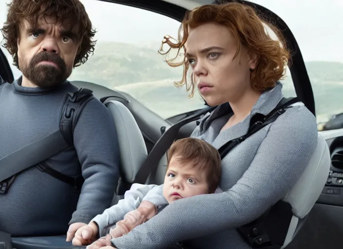 Prompt: peter dinklage and scarlett johannson driving a little tikes cozy coupe, movie still, from the new black widow movie, 8 k, realistic