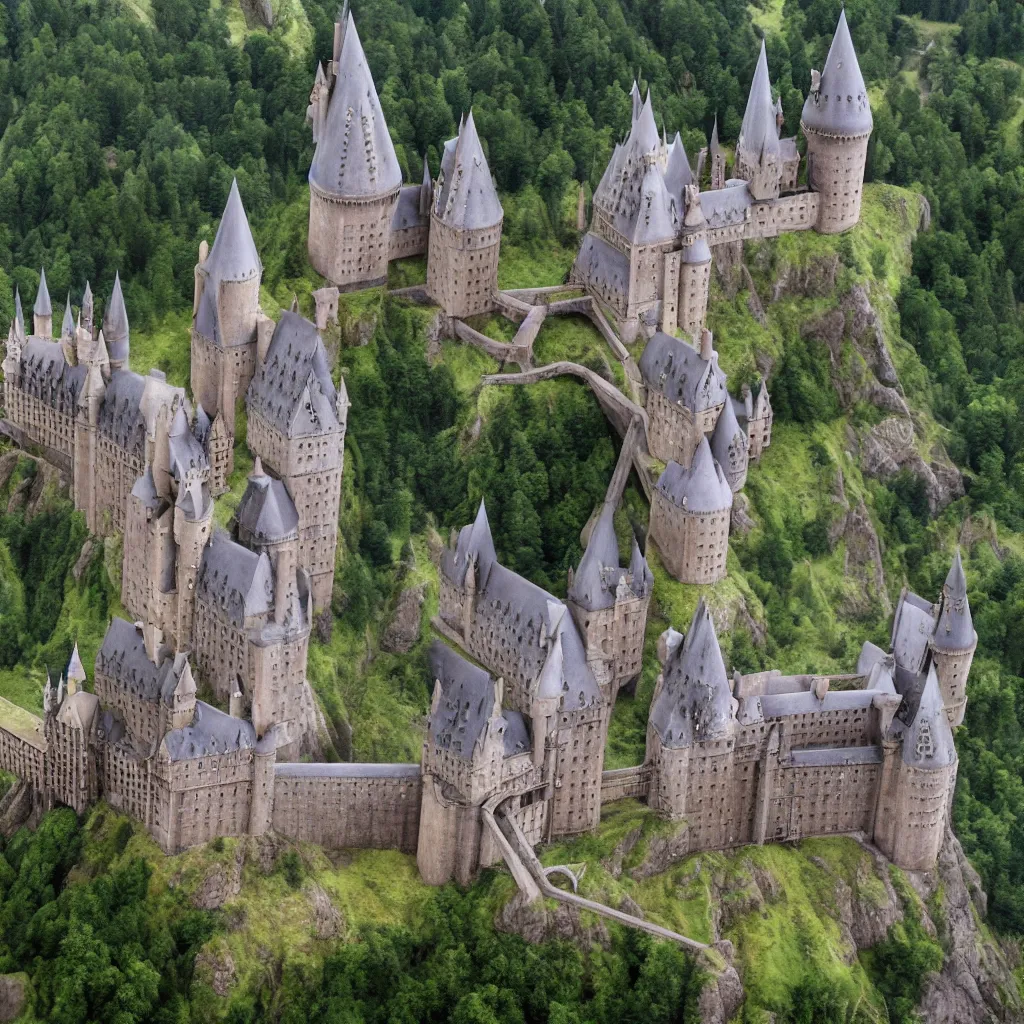 Prompt: hogwarts from the sky