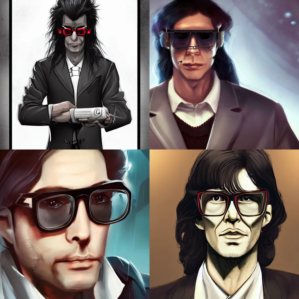 Prompt: handsome evil mad scientist with long dark hair glasses sci-fi cyberpunk dystopia trending on artstation